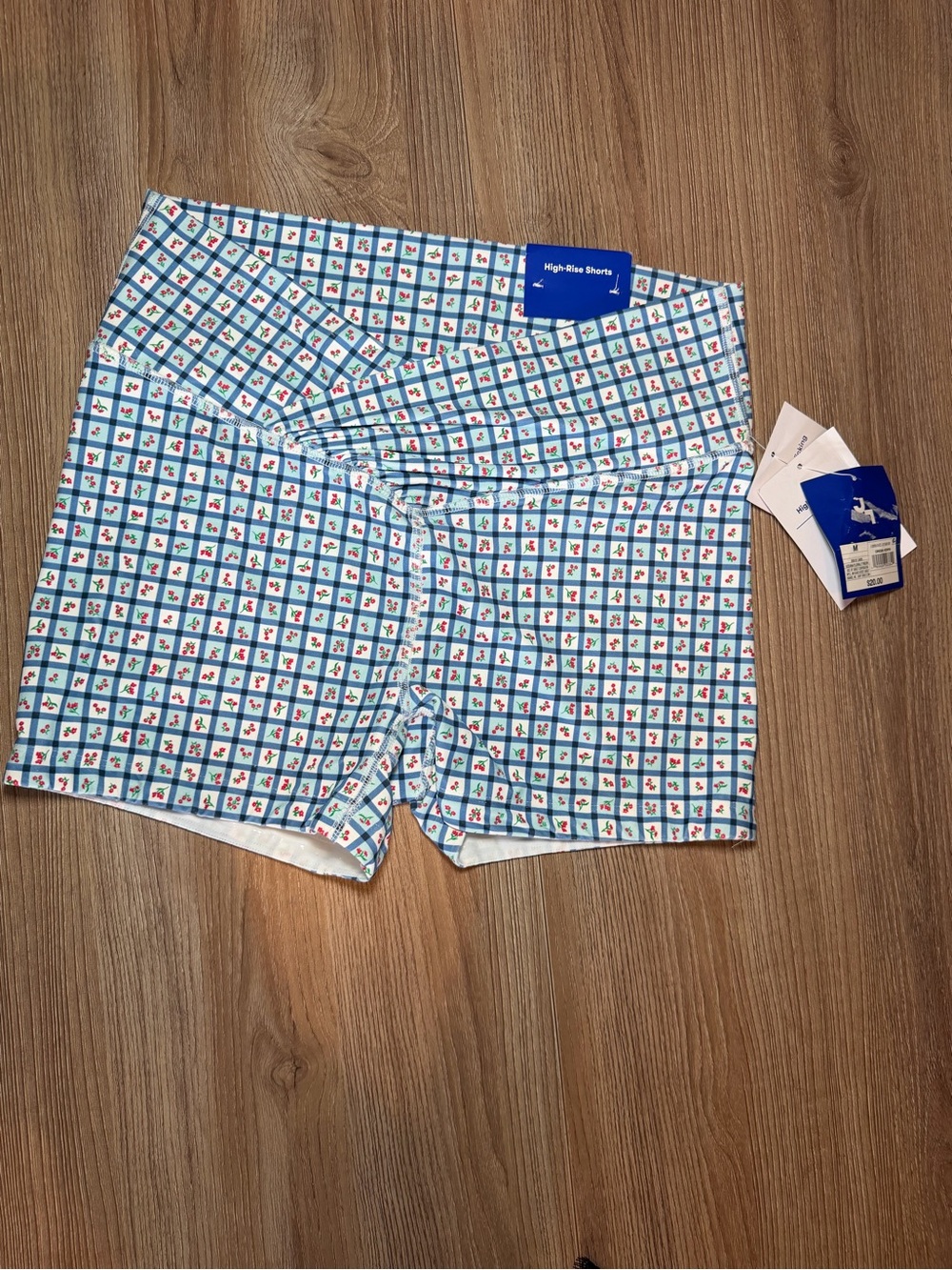 JoyLab White and Blue Grid High-Rise Athletic Shorts with Red Accents